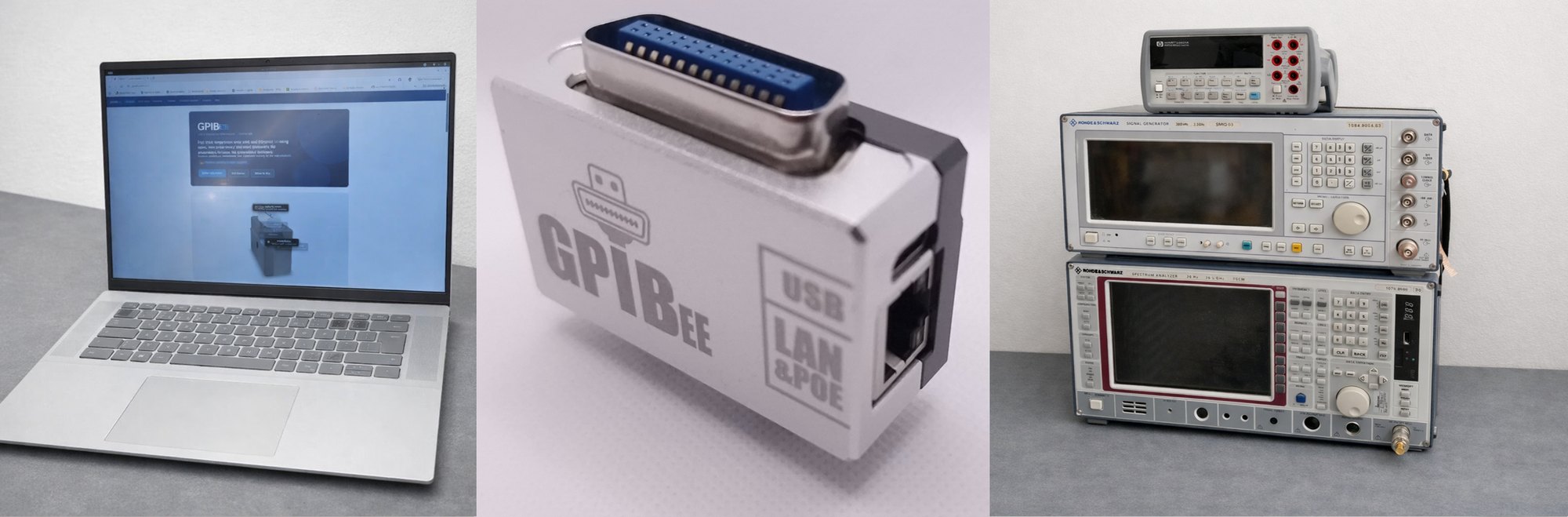 Left: a laptop running acquisition software. Middle: the GPIBee USB & Ethernet to GPIB adapter. Right: GPIB-connected test instruments including an oscilloscope and multimeter.