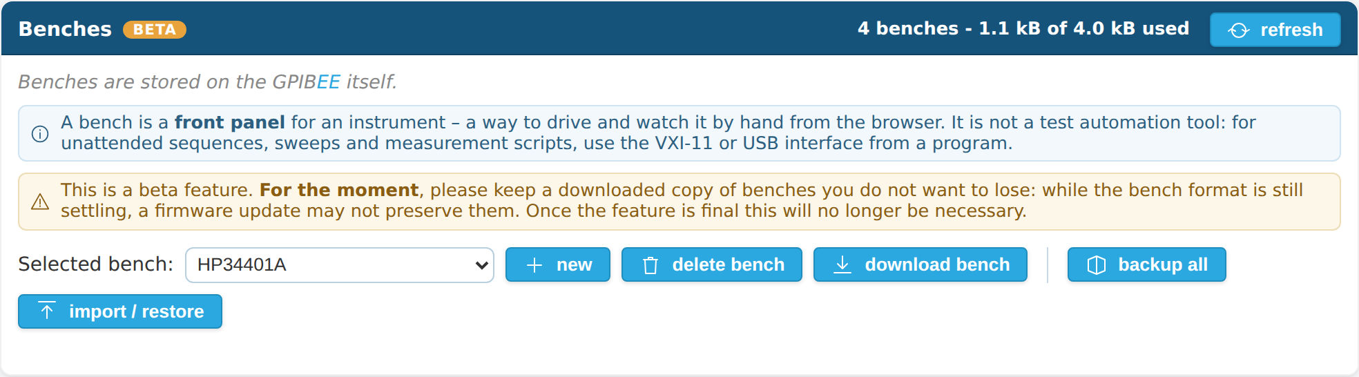 The Benches page of the GPIBee web interface listing several stored benches in a selector, with new, delete, download, backup and import buttons and a storage counter