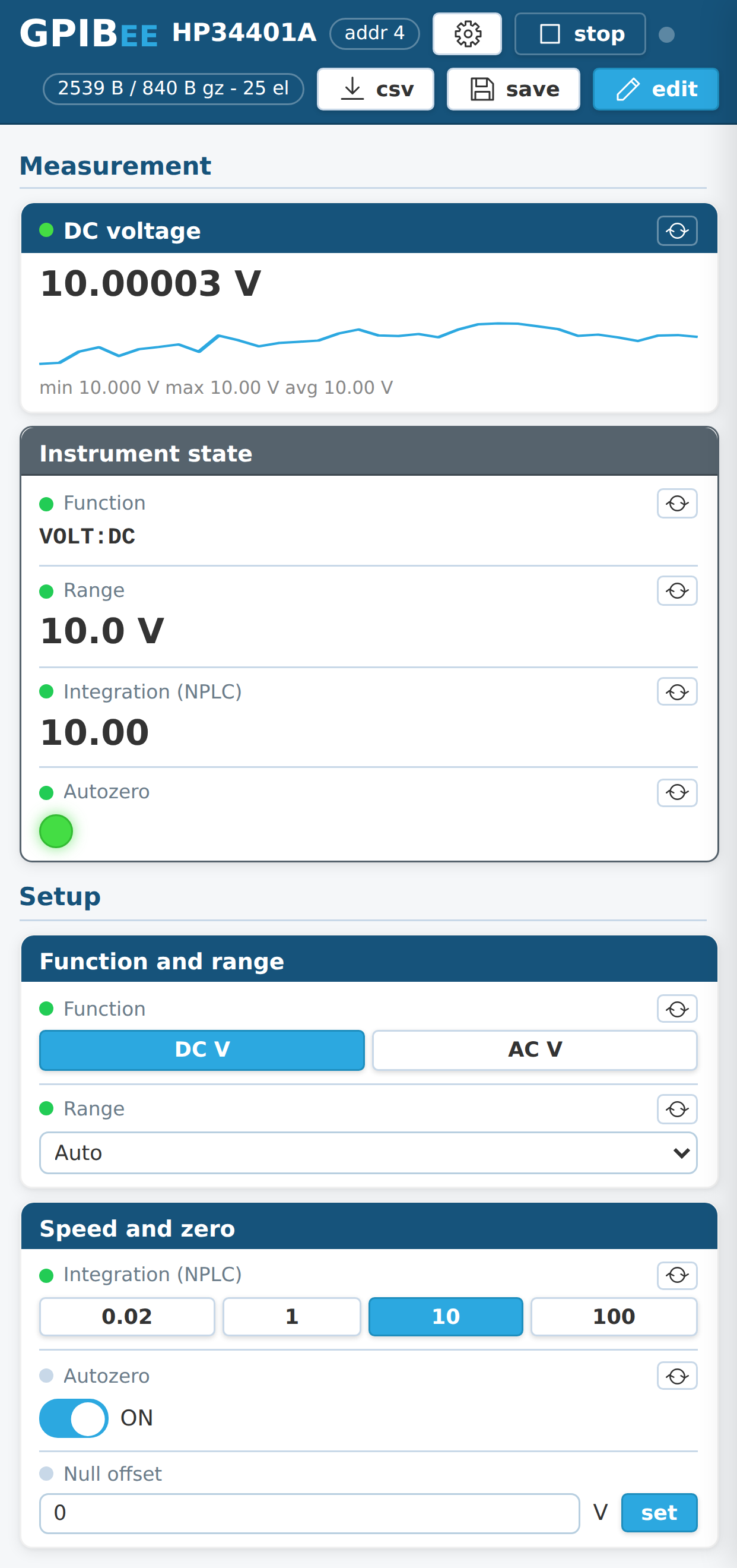 The same GPIBee bench on a phone-sized screen, showing the DC voltage reading with its trend line and the instrument state and setup cards stacked in a single column