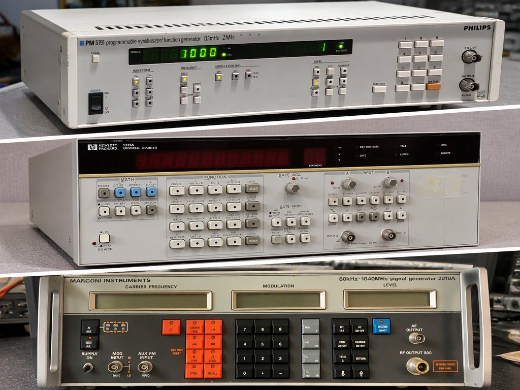 The Philips PM5191 function generator, the HP 5335A universal counter and the Marconi 2019A signal generator stacked one above the other