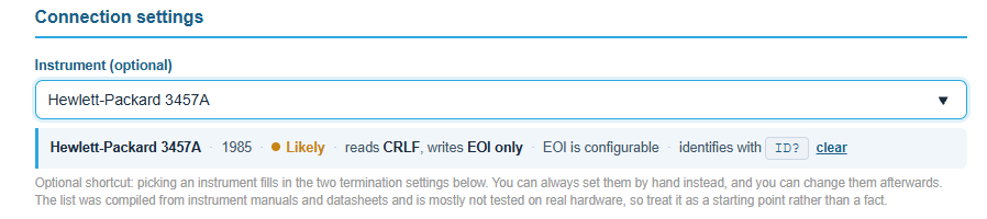 The instrument picker in the PyVISA Code Generator showing Hewlett-Packard 3457A, 1985, a Likely confidence badge, reads CRLF, writes EOI only, EOI is configurable, identifies with ID?