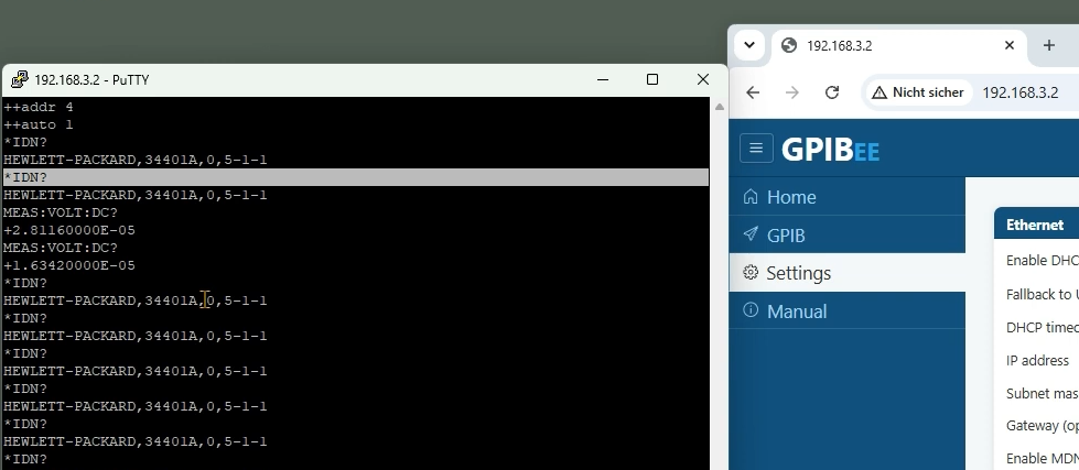 A PuTTY raw TCP session against GPIBee, sending ++addr 4 and *IDN? and receiving the HP 34401A identification string, next to the GPIBee web interface