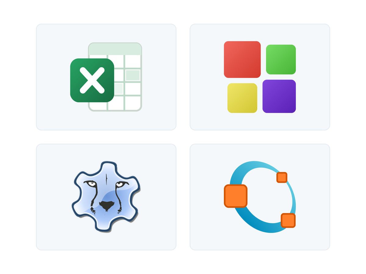 The Excel, Code::Blocks, Lazarus and GNU Octave logos, the four environments covered by the new tutorials