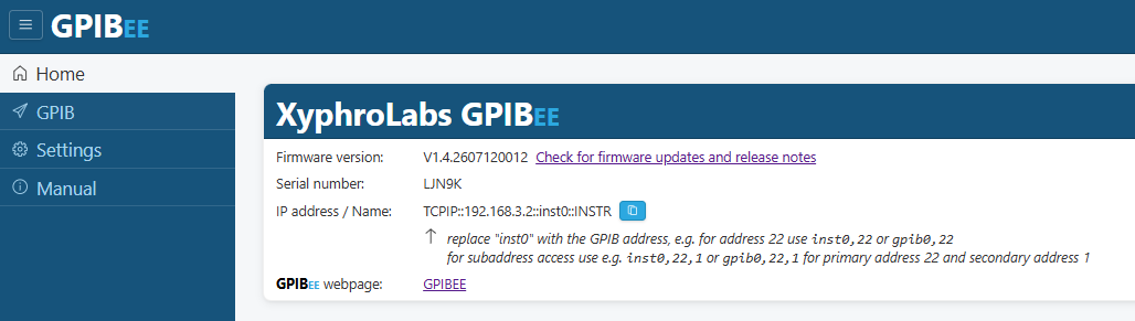 GPIBee web interface main page, showing firmware version, serial number, IP address, and VISA resource string