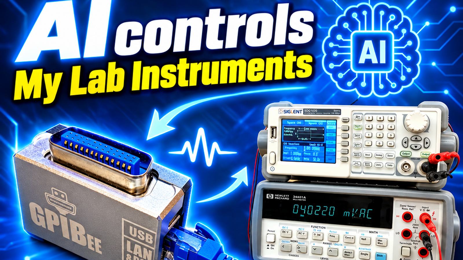 A GPIBee adapter connected by Ethernet alongside a Siglent function generator and an HP 34401A multimeter, under the heading AI controls my lab instruments