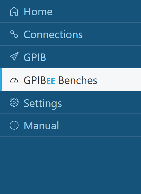 GPIBee web interface sidebar with the GPIBee Benches menu entry highlighted below Home, Connections and GPIB