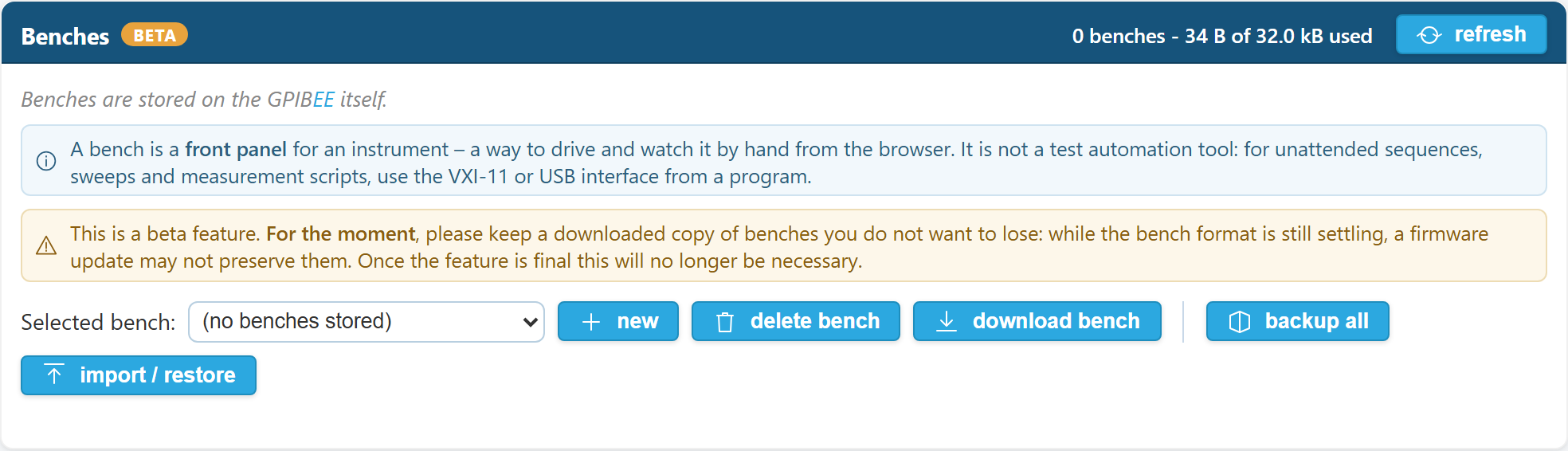 The Benches management card on a device with no benches stored, showing the storage counter, the beta warning and the new, delete, download, backup and import buttons