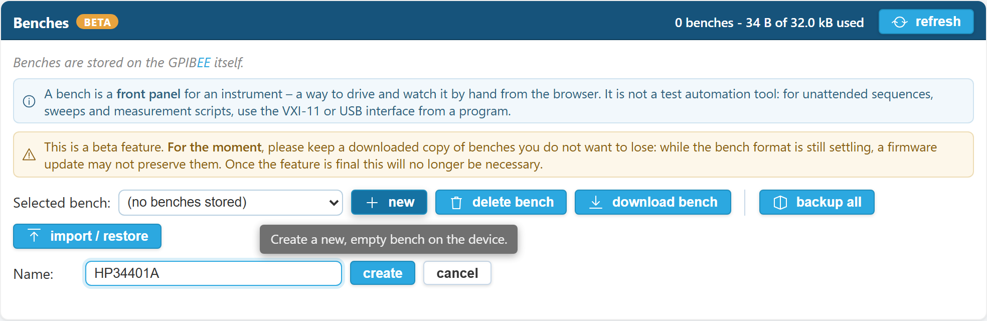 The Benches management card with the name row open and HP34401A typed into the name field