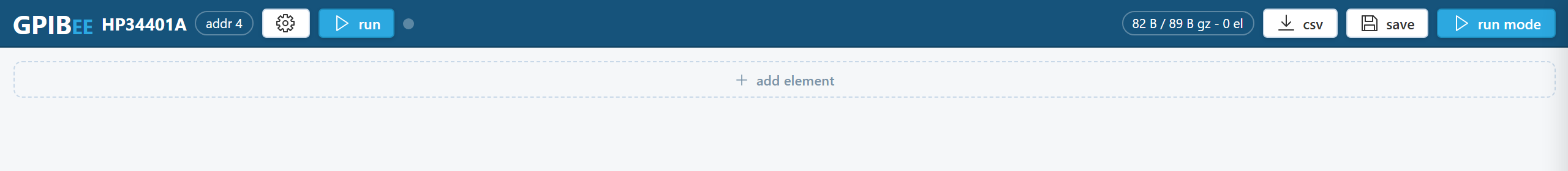 An empty bench in edit mode showing the header bar with address, settings, run, csv, save and run mode buttons, and a dashed add element strip