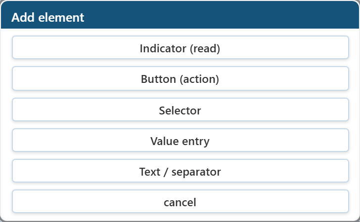 The add element chooser listing Indicator (read), Button (action), Selector, Value entry and Text / separator