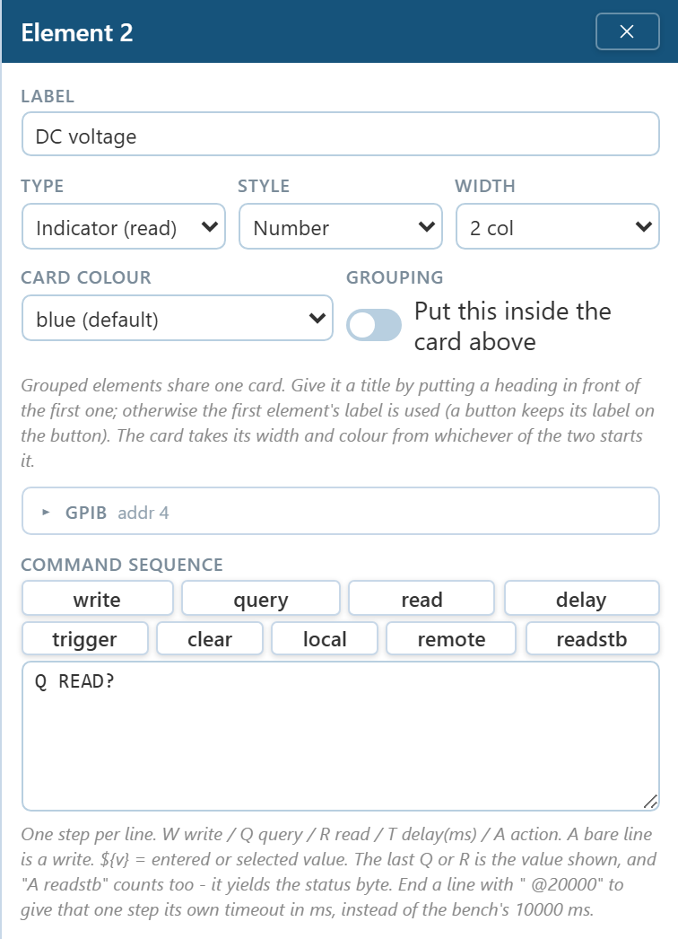 The top of the element editor showing Label, Type, Style, Width, Card colour, Grouping and the Command sequence field containing Q READ?