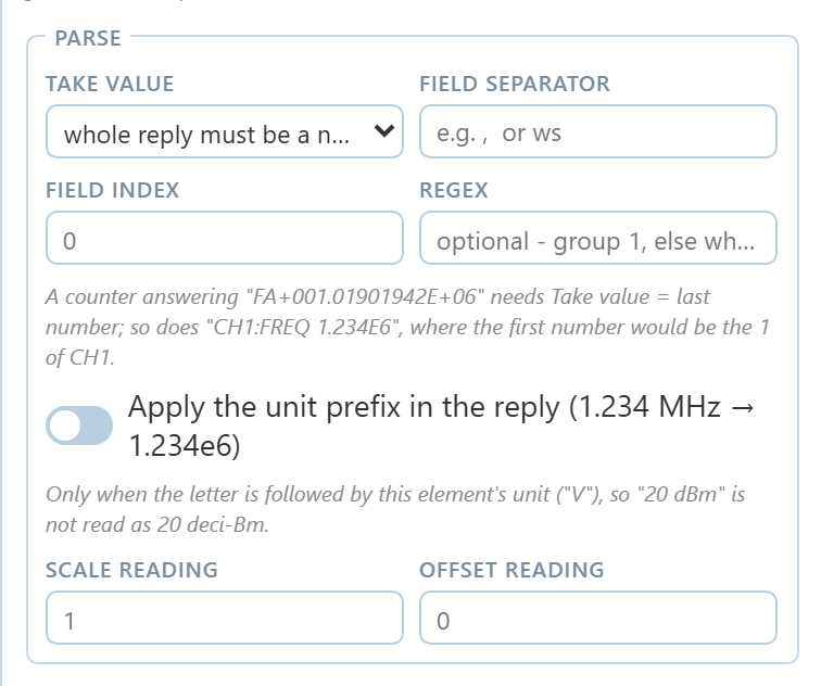 The Parse section of the element editor with Take value, Field separator, Field index, Regex, Scale reading and Offset reading