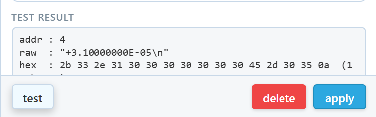 The editor test result showing the GPIB address, the raw reply string, its hex dump, the extracted field and the value as it will be shown