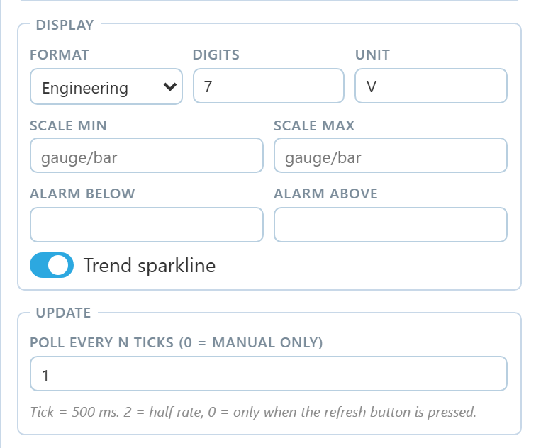 The Display and Update sections showing format, digits, unit, scale limits, alarm thresholds, the trend sparkline toggle and the poll divider