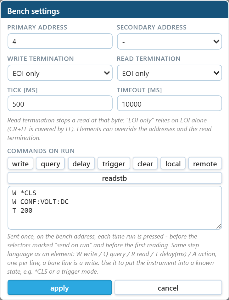 The bench settings sheet with primary and secondary address, write and read termination, tick, timeout and the commands on run field