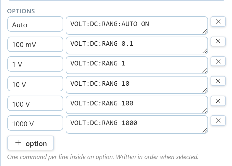 The options list of a selector with six range choices, each with its own SCPI command, and an add option button