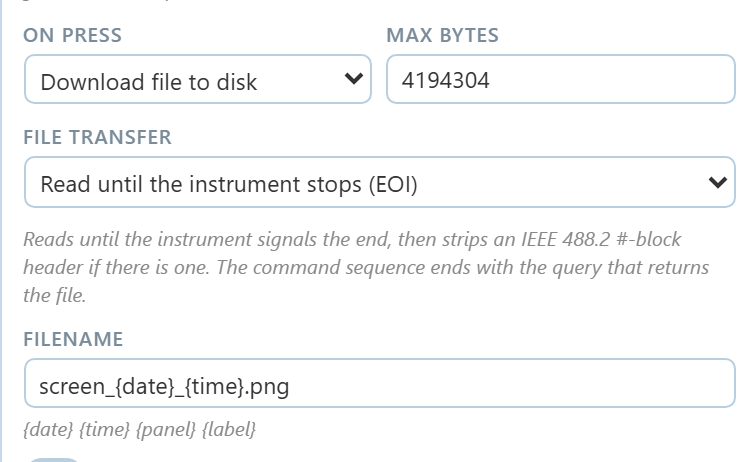A button element on an oscilloscope bench configured to download a file, showing the on press mode, maximum bytes, file transfer mode and filename template