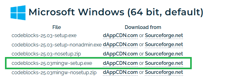The Code::Blocks Windows download list with codeblocks-25.03mingw-setup.exe highlighted