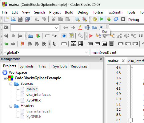 Code::Blocks with the project open, the Management panel listing Sources and Headers, and the green Run arrow in the toolbar