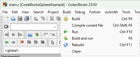 The Code::Blocks Build menu, showing Build, Compile current file, Run, Build and run, Rebuild and Clean with their keyboard shortcuts