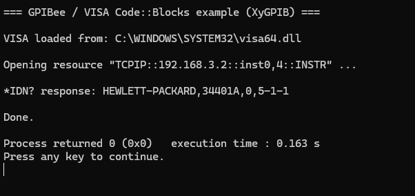 Console output showing VISA loaded from visa64.dll, the resource being opened, and an IDN response from a HEWLETT-PACKARD 34401A