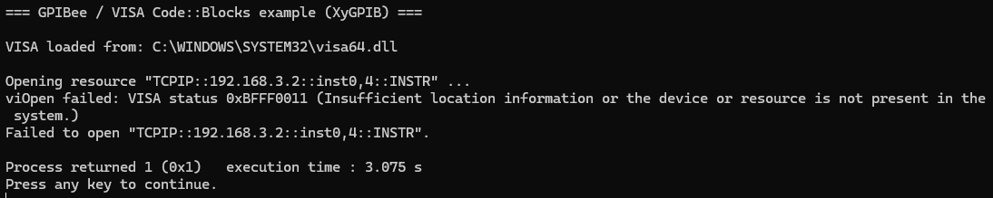 Console output showing viOpen failed with VISA status 0xBFFF0011, and Failed to open the resource