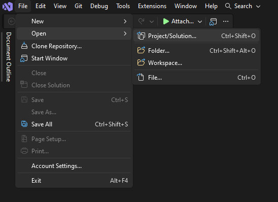 The Visual Studio File menu, with Open expanded and Project/Solution highlighted