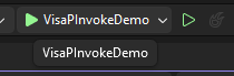 The Visual Studio toolbar showing VisaPInvokeDemo as the startup project next to the green start button
