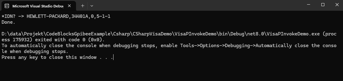 A console window showing the reply to *IDN? from a HEWLETT-PACKARD 34401A, followed by Done and exit code 0