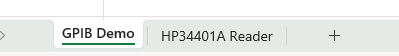 The two Excel sheet tabs: GPIB Demo and HP34401A Reader