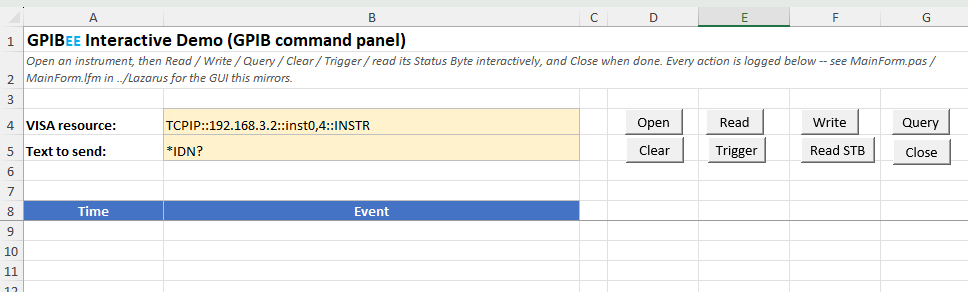 The GPIB Demo sheet with fields for the VISA resource and text to send, and buttons for Open, Read, Write, Query, Clear, Trigger, Read STB and Close