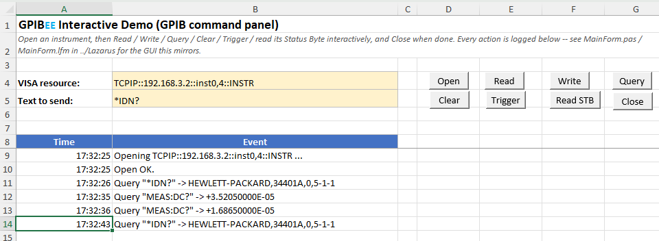 The GPIB Demo log showing an open, an IDN query answered by a HEWLETT-PACKARD 34401A, and two MEAS:DC queries returning voltages