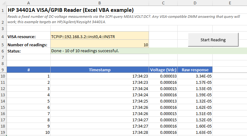 The reader sheet after a run, with ten rows of readings showing index, timestamp, voltage and raw response