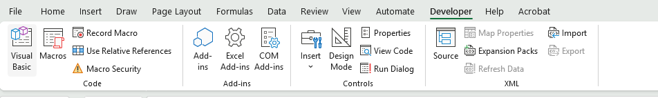 The Excel Developer ribbon tab with the Visual Basic button at the left