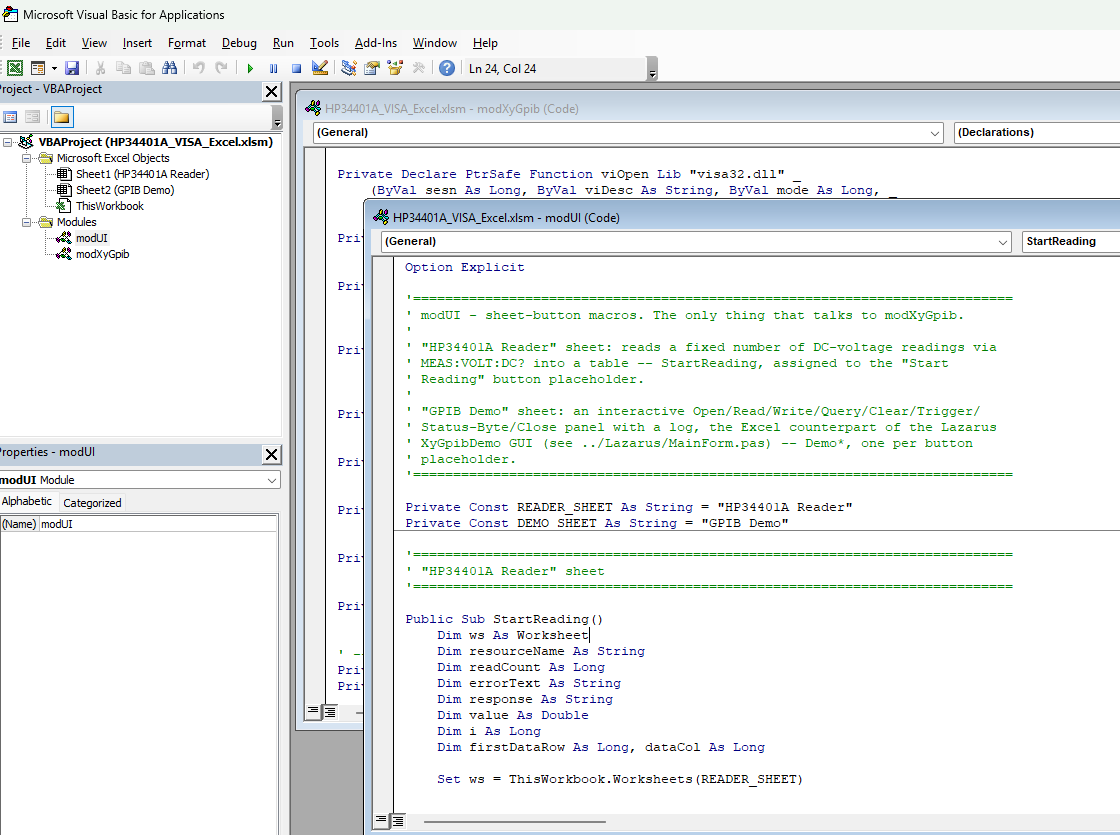 The Visual Basic editor showing the VBAProject tree with modUI and modXyGpib, and the source of both modules
