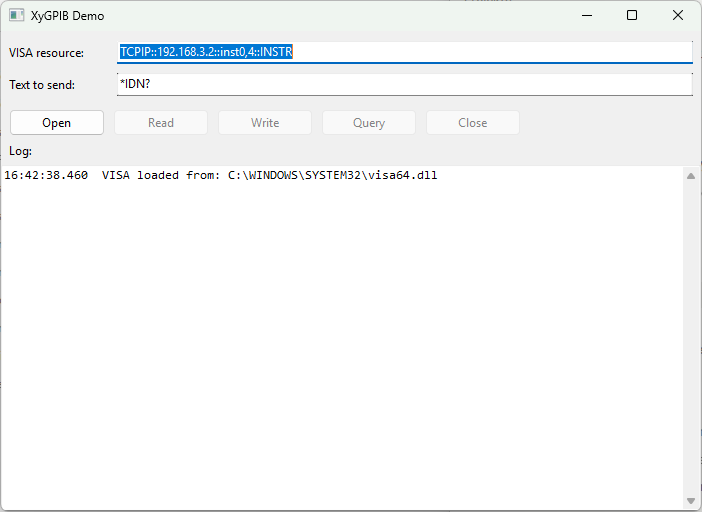 The XyGPIB Demo window just after starting, with the resource name and command pre-filled and the log showing VISA loaded from visa64.dll
