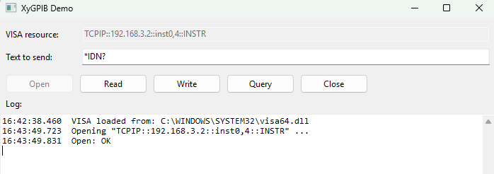 The demo after pressing Open, with Open now greyed out, the other buttons enabled, and Open: OK in the log