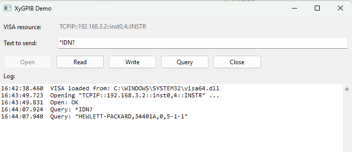 The demo after pressing Query, with the log showing the IDN query and a response from a HEWLETT-PACKARD 34401A