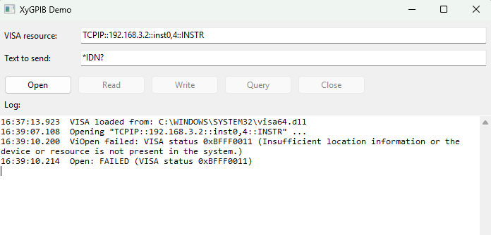 The demo showing a failed open, with ViOpen failed VISA status 0xBFFF0011 and Open: FAILED in the log