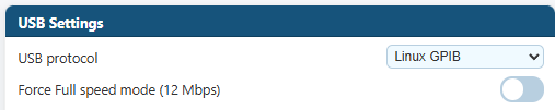 GPIBee web interface USB Settings page with USB protocol set to Linux GPIB