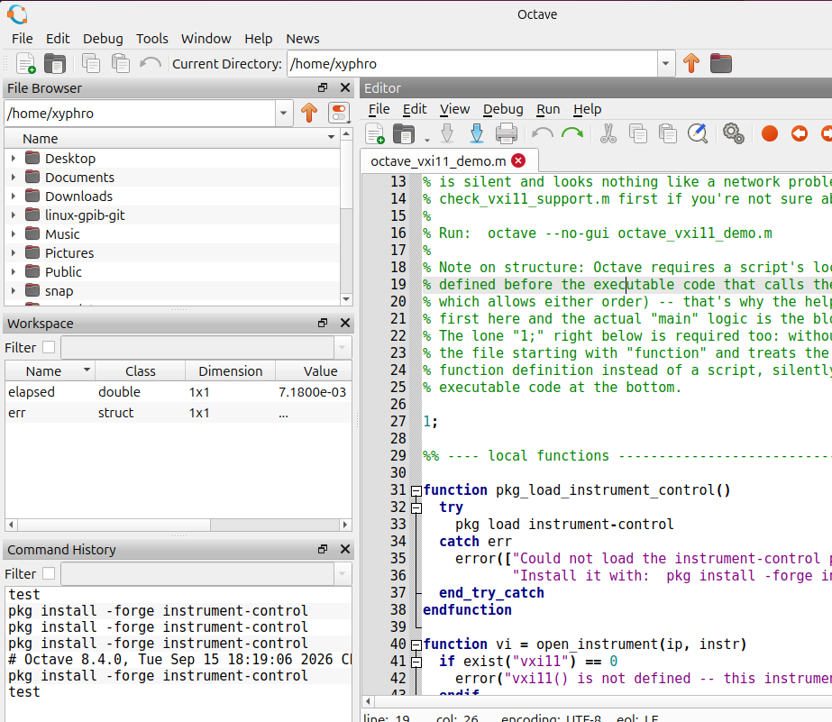 The GNU Octave GUI with the demo script open in the editor, the file browser on the left and the workspace and command history panels below