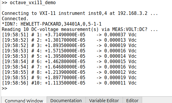The Octave command window showing a connection to the VXI-11 instrument, an IDN response from a HEWLETT-PACKARD 34401A, and ten timestamped DC voltage readings