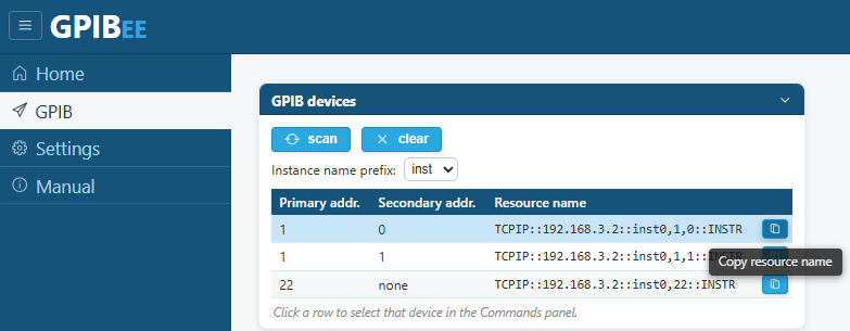 GPIBee web interface GPIB devices list showing primary address, secondary address, and VISA resource name columns