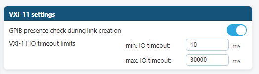 GPIBee web interface VXI-11 settings panel with the GPIB presence check during link creation toggle and min/max IO timeout fields