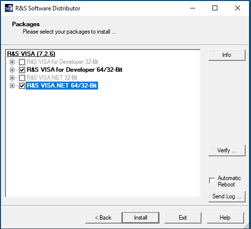 R&S VISA installer with default component selection