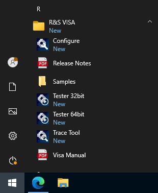 Windows Start menu showing the installed R&S VISA tools