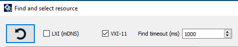 Find and select resource dialog with the VXI-11 checkbox enabled