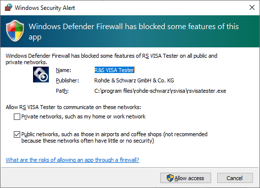 Windows Firewall prompt asking to allow network access for R&S VISA Tester