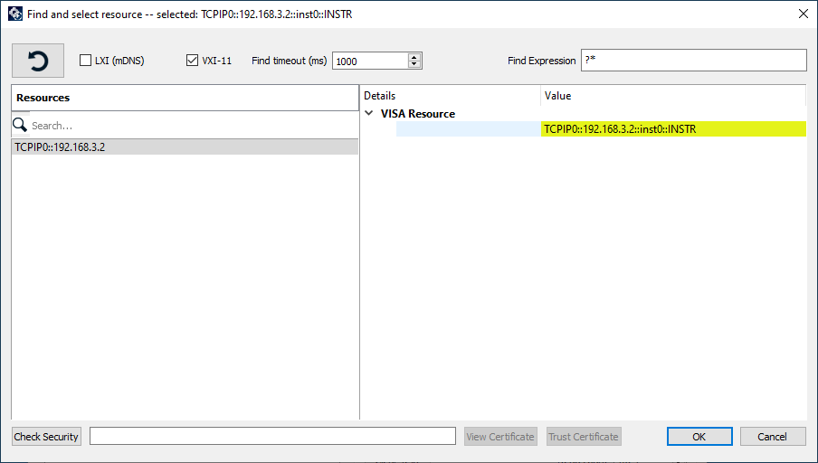 Find and select resource dialog showing GPIBee discovered as TCPIP0::192.168.3.2::inst0::INSTR