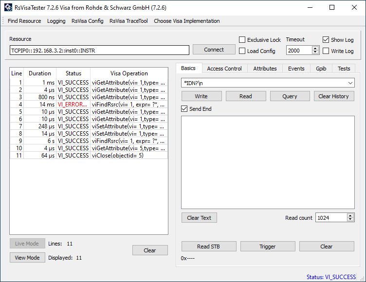 R&S VISA Tester connected to GPIBee's internal SCPI resource
